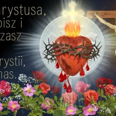 Serce Jezusa, z koroną cierniową i kroplami krwi, otoczone blaskiem i kwiatami. Modlitwa ochronna: "Krwi Chrystusa, która poisz i oczyszczasz dusze w Eucharystii, wybaw nas.