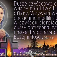 Matka Boża wzywa do modlitwy za dusze czyśćcowe. Obraz przedstawia Maryję, świecę, różaniec i cmentarz.