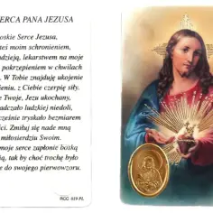 Obrazek z modlitwą do Serca Pana Jezusa. Na karcie znajdują się krótkie modlitwy i wizerunek Jezusa z gorejącym Sercem.