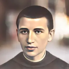 Portret młodego mężczyzny w habicie. Wenanty Katarzyniec, patron w trudnych sprawach, w modlitwie o pomoc finansową.