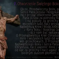 Ukazanie Jezusa na krzyżu, z otwartym bokiem, z którego tryska krew. Modlitwa do Najdroższej Krwi Pana Jezusa.