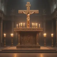 W kościele, przy ozdobionym ołtarzu, płonie wiele świec. Centralnie umieszczony krzyż z postacią Chrystusa emanuje spokojem.