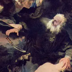Anioł powstrzymuje Abrahama przed ofiarowaniem syna. Scena symbolizuje w co wierzą Żydzi: wiarę w Boga i posłuszeństwo.