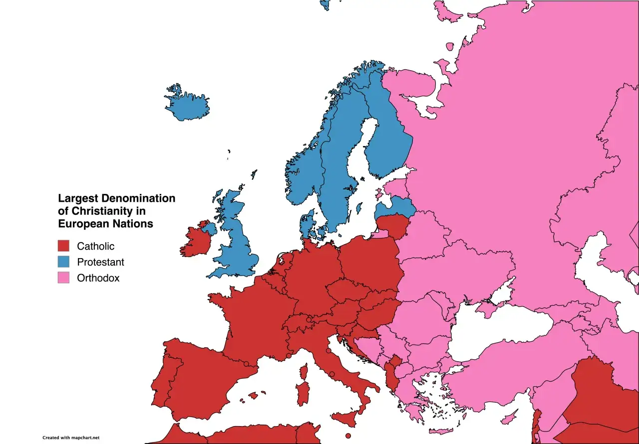 Mapa Europy pokazująca dominację katolików (czerwony), protestantów (niebieski) i prawosławnych (różowy) wśród chrześcijan.