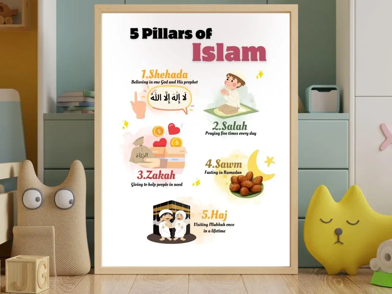 Plakat edukacyjny o 5 filarach islamu: Szahada, Salat, Zakat, Saum, Hadżdż. Piękna grafika dla dzieci, która przybliża podstawy tej religii.