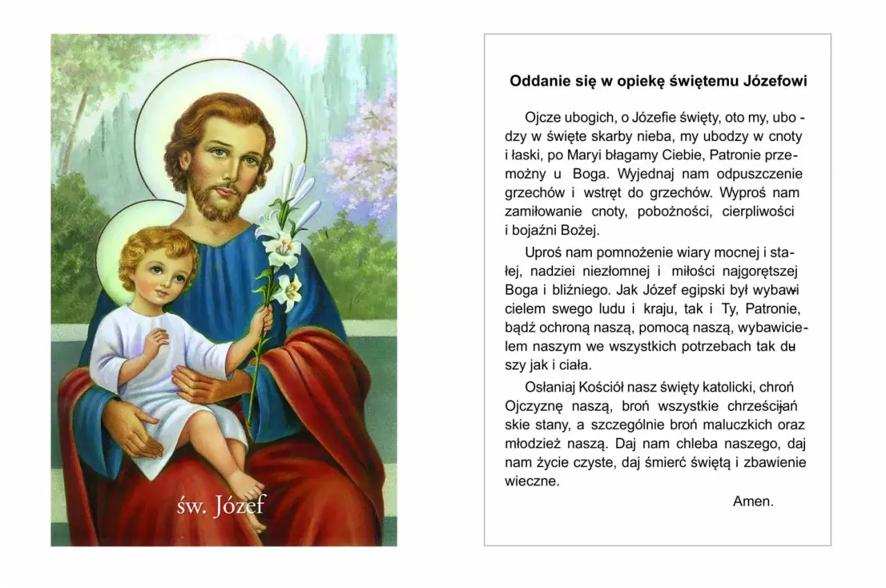 Św. Józef z Dzieciątkiem Jezus, trzymający lilie. Obrazek do nowenny do św. Józefa w sprawach trudnych.